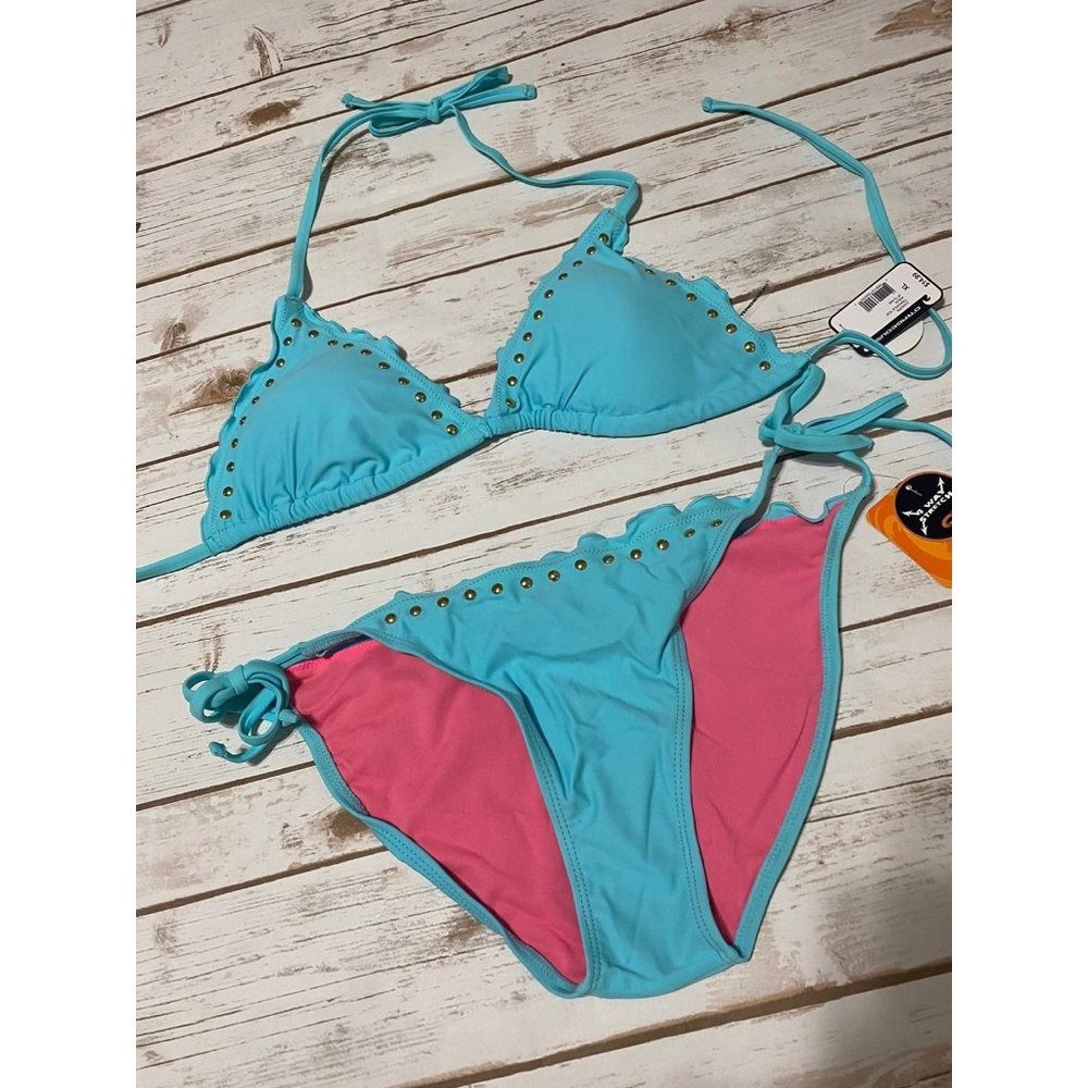 NWT Studded ruffle neon bikini XL